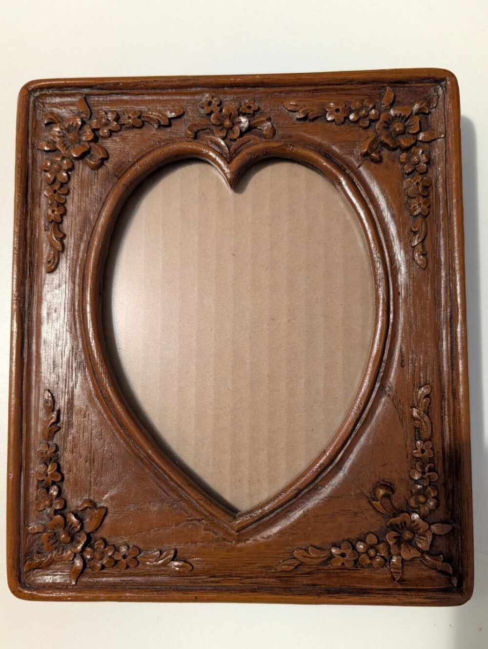 Vintage Carved Wood Look Heart-Shaped Picture Frame 7" x 8.5" Floral Cottagecore